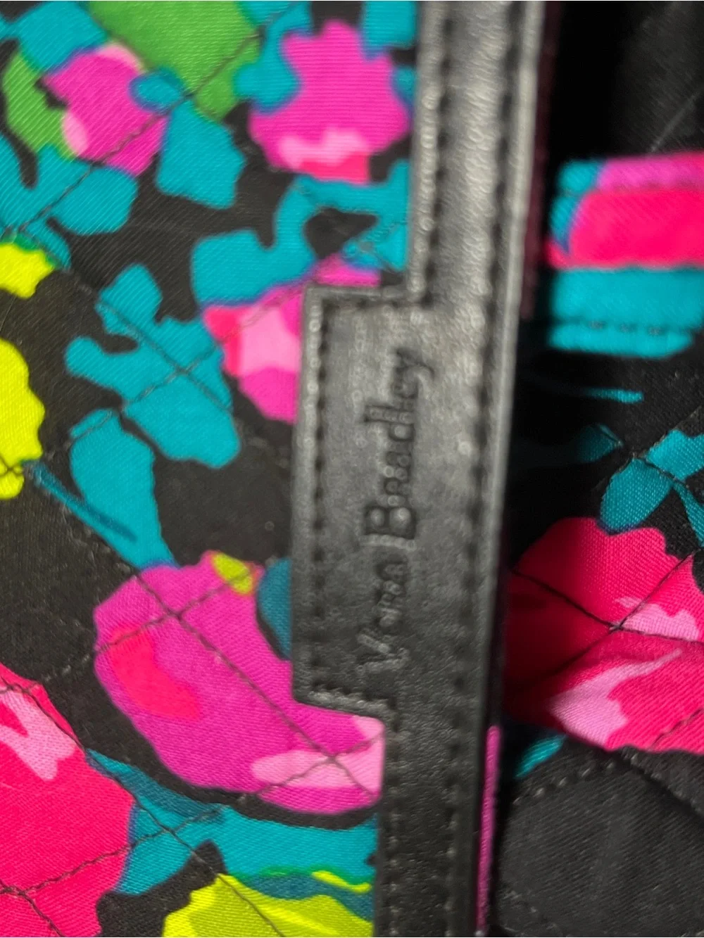 Vera Bradley Black Quilted Backpack with Pink, Teal & Lime Floral Print